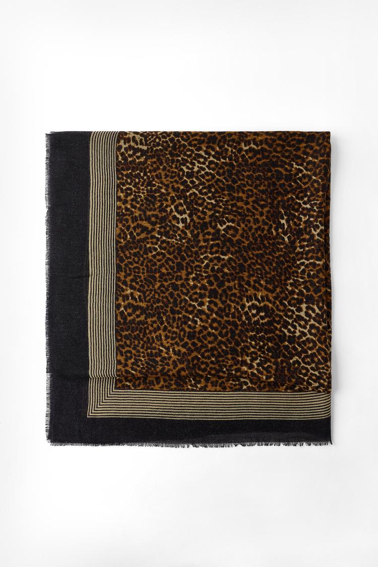 WOOL-BLEND ANIMAL-PRINT STRIPED SCARF — Leopard