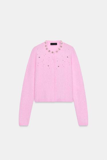 CARDIGAN WITH JEWEL BEADS - Pink by Zara