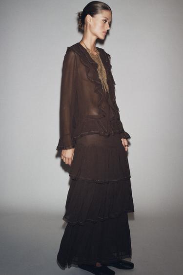 ZW COLLECTION BEADED RUFFLED SKIRT - Brown by Zara