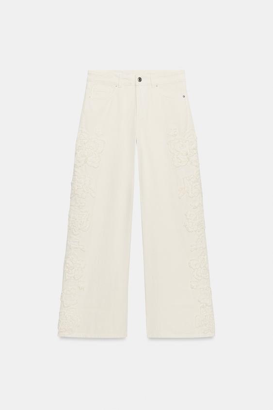 Z1975 MID-WAIST WIDE-LEG TEXTURED FLORAL JEANS - Sand by Zara - Image 0