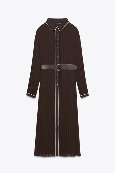 BELTED PLEATED MIDI DRESS - Brown by Zara