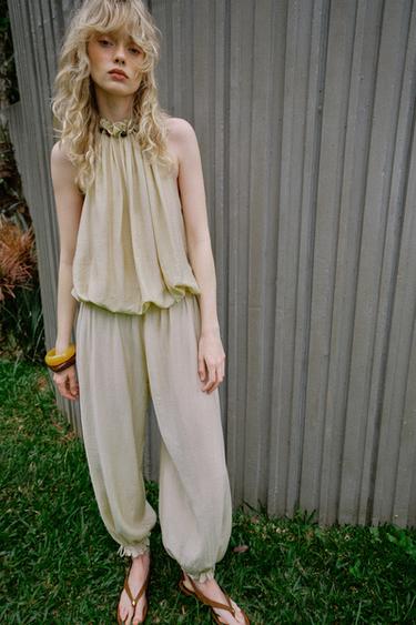 PANTALLONA ME BEL ELASTIK - Ngjyrë natyrale nga Zara