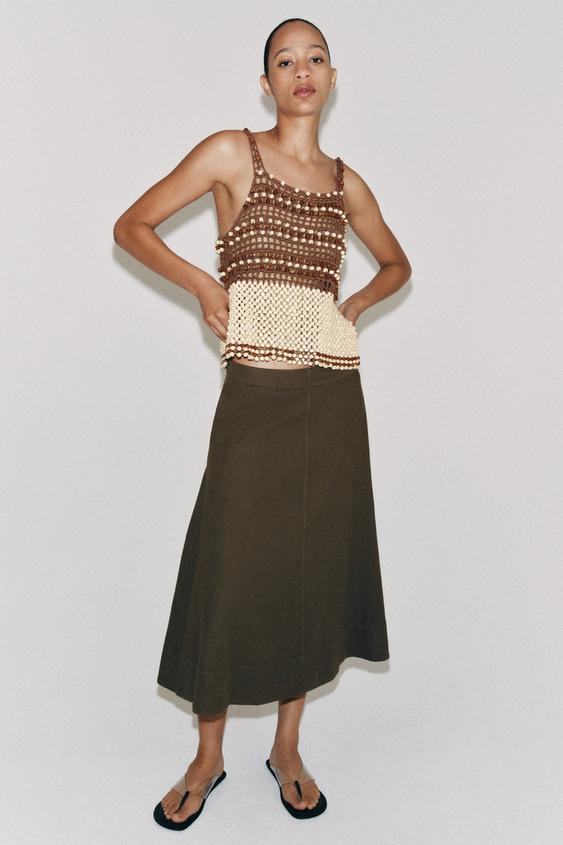 FALDA MIDI CON LINO ZW COLLECTION - Marrón / Topo de Zara - Imagen 0