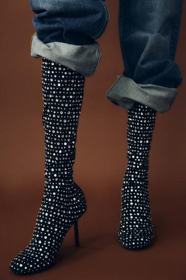 SPARKLY MESH STILETTO HEEL BOOTS - Black by Zara - Image 1