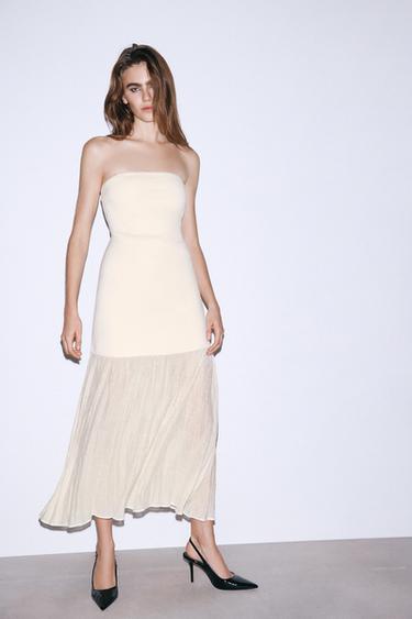 VESTIDO MIDI DE TRICÔ TOMARA QUE CAIA - Branco-marfim da Zara - Imagem 0