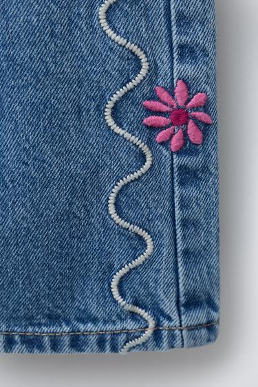 WAVY AND FLORAL EMBROIDERED DENIM DUNGAREES - Blue by Zara - Image 3