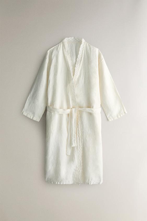 EMBROIDERED LINEN BATHROBE - Oyster-white | ZARA Canada