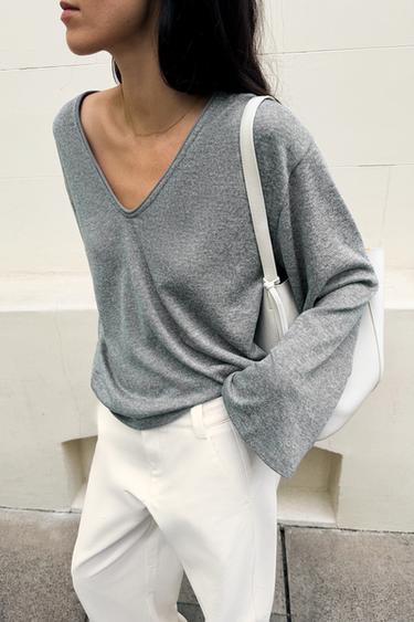 TEXTURED V-NECK T-SHIRT — Dark grey 1