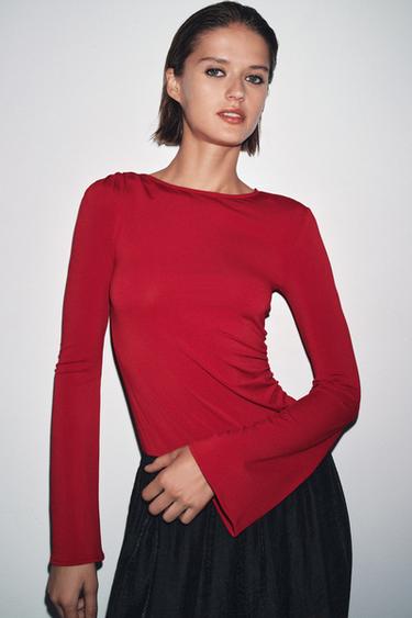 LONG SLEEVE GATHERED T-SHIRT - Burgundy by Zara - Image 2
