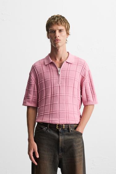 CHECKERED JACQUARD KNIT POLO SHIRT - Pink by Zara