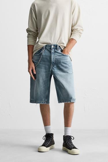 RIPPED BAGGY FIT DENIM BERMUDA SHORTS - Mid-blue by Zara