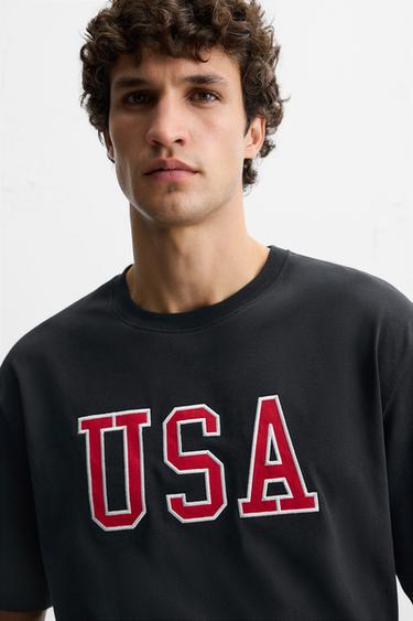 T-SHIRT WITH SLOGAN PATCHES - Navy blue by Zara