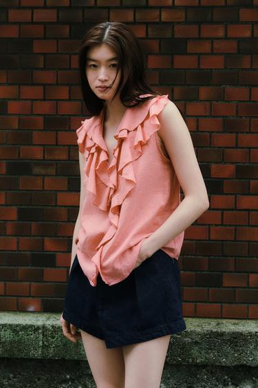 SLEEVELESS RUFFLE SHIRT - MARSALA by Zara