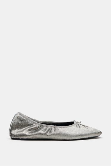 TEXTURED LEATHER BALLET FLATS — Silver 2
