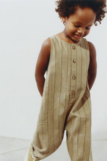 LONG STRIPED COTTON LINEN DUNGAREES - Khaki by Zara