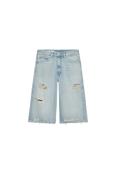 TRF MID-RISE RIPPED DENIM JORTS BERMUDA SHORTS - Light blue by Zara