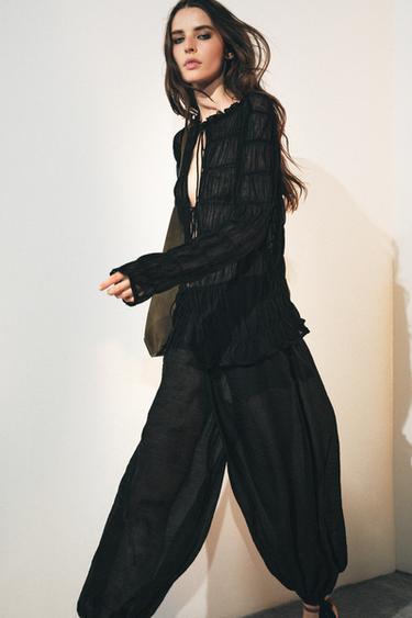Zara ZW COLLECTION TIE-HEM BALLOON PANTS - Black
