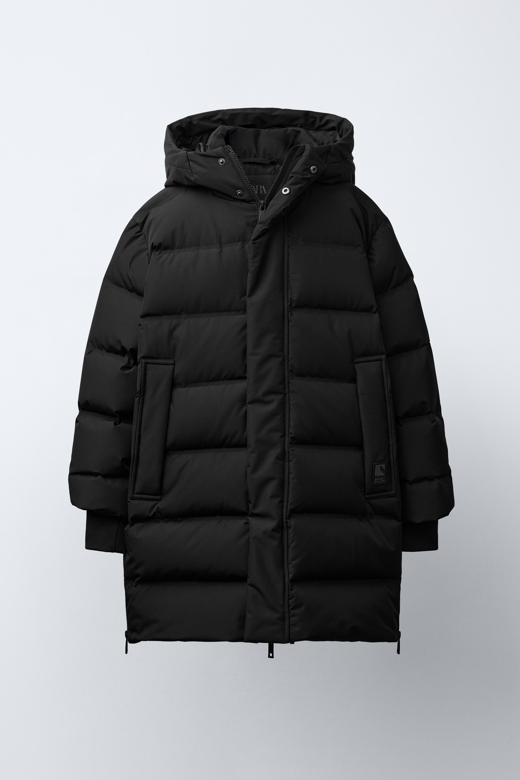 ZARA 黒 ロングダウンジャケット 撥水加工入りロング丈フェザー＆ダウンジャケット - ブラック