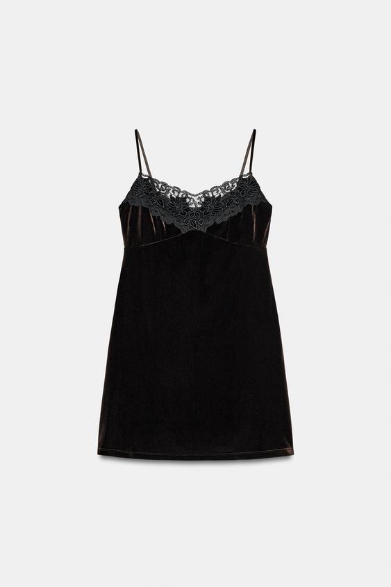 ĐẦM NHUNG PHỐI REN DÁNG NGẮN - Màu nâu từ Zara - Hình ảnh 0