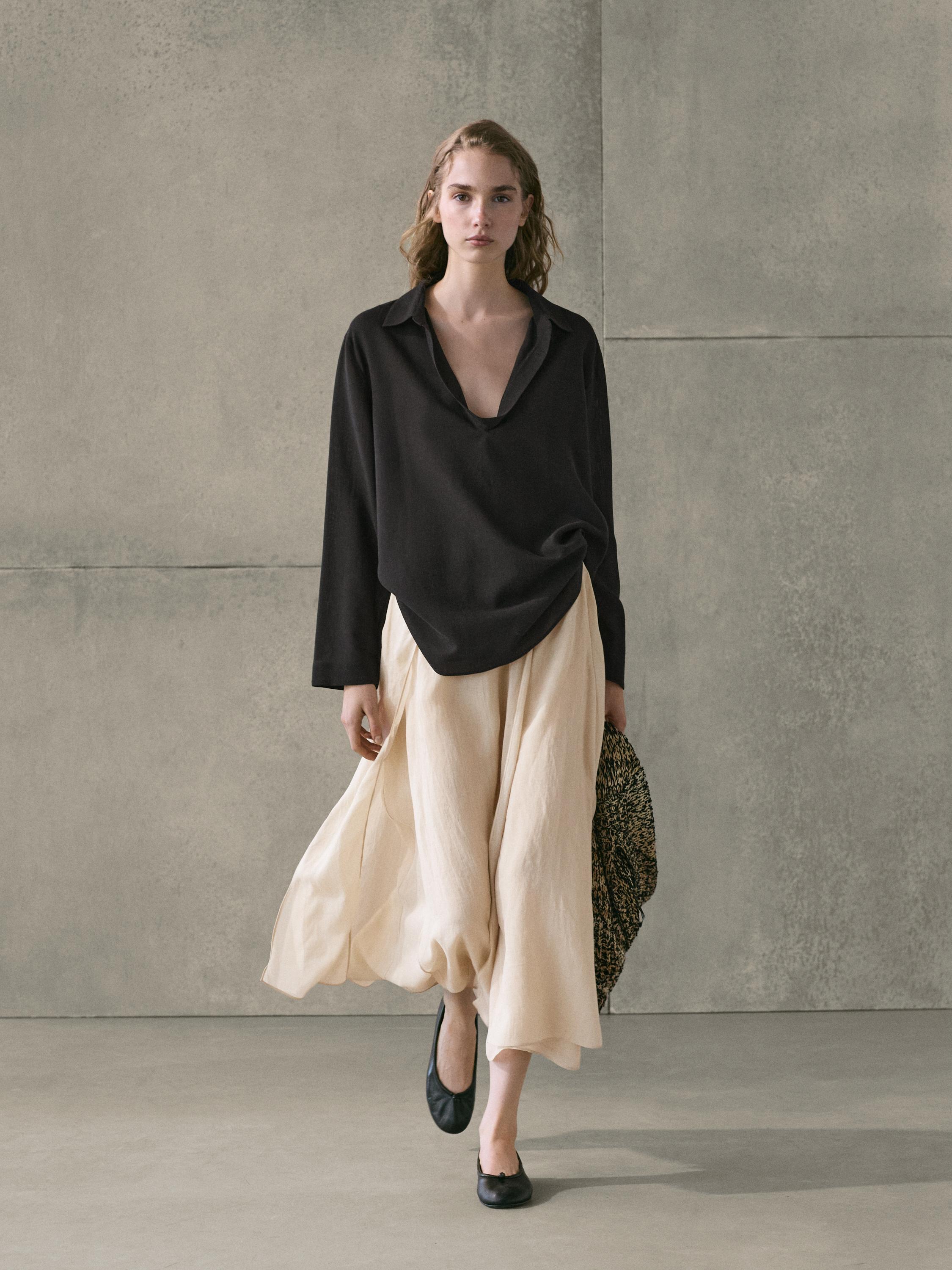 Flowing ramie blend midi skirt