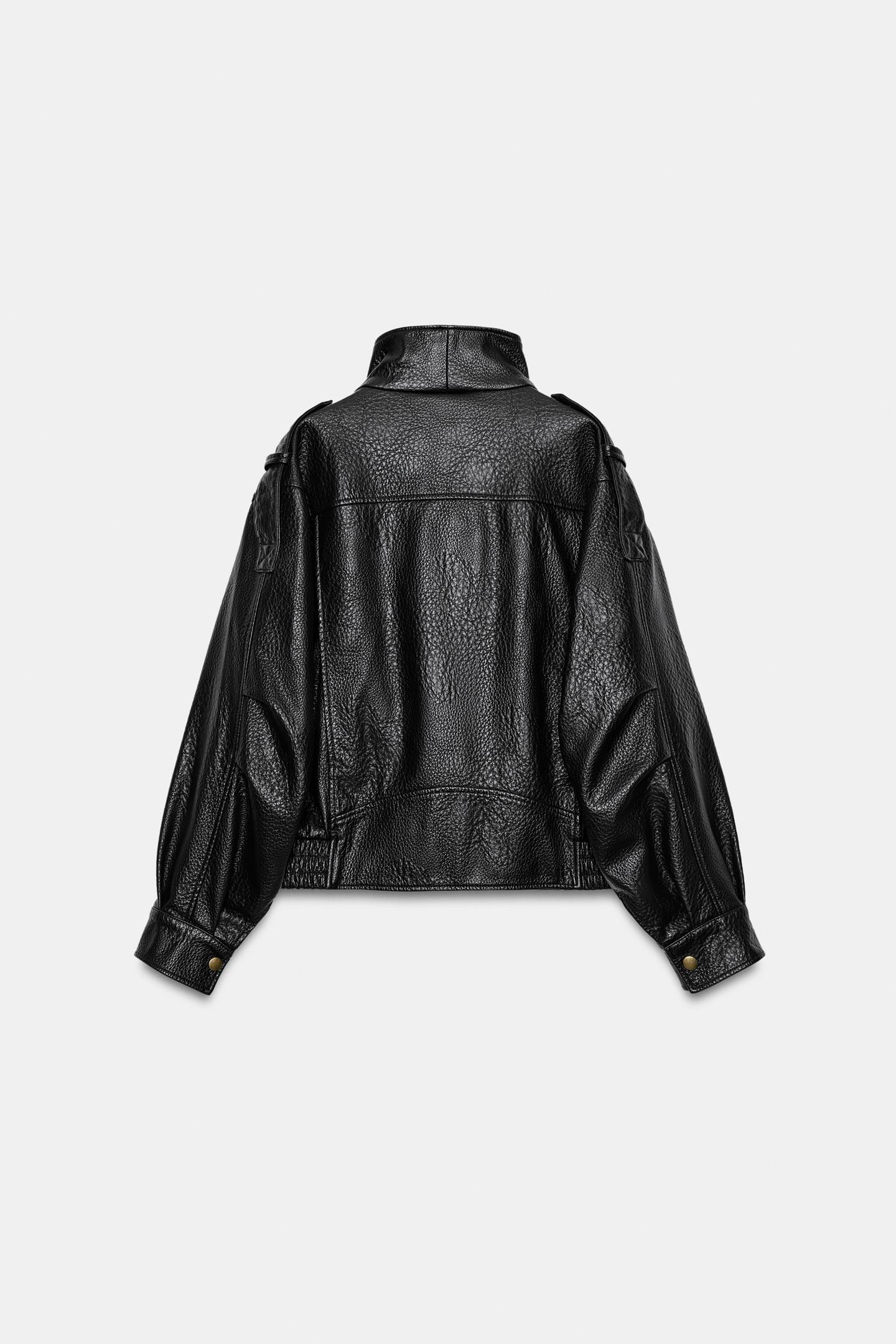 Куртка Zara Faux Leather Bomber, цвет: Тёмный коричневый — фото 4