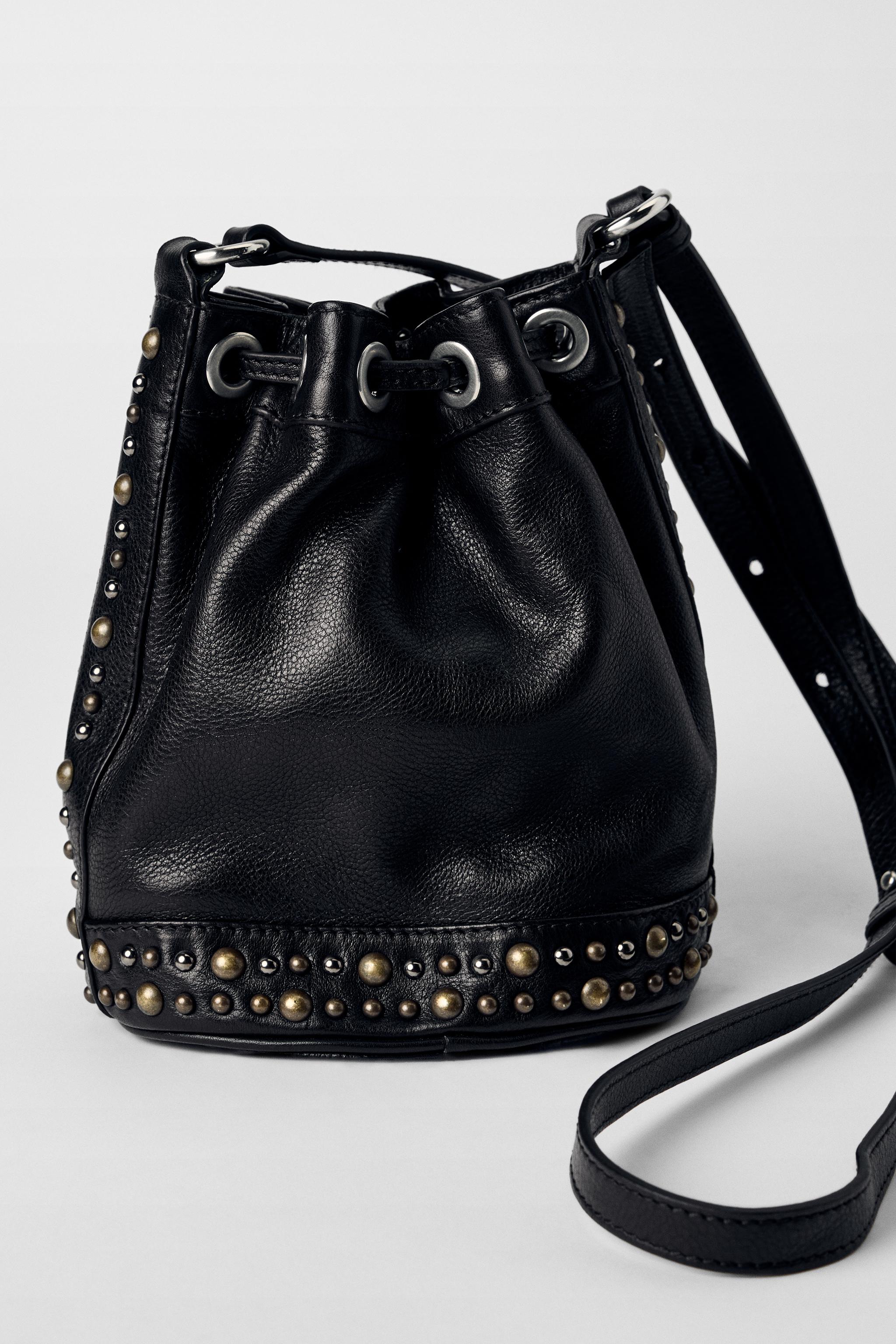 STUDDED RUCHED LEATHER BUCKET BAG KATE MOSS X ZARA - Black