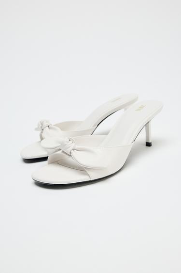 LEATHER BOW HEELED SANDALS - white by Zara - Image 4