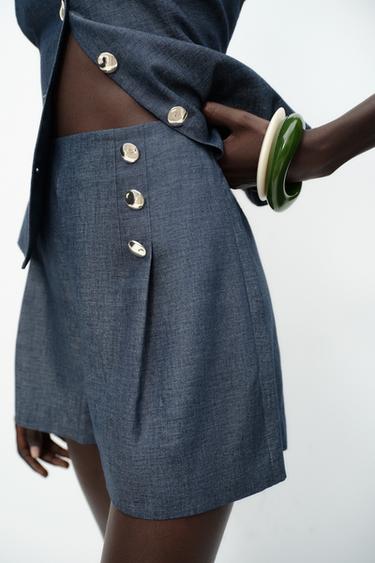 BERMUDA BOUTONS AVEC LIN - Indigo clair de Zara - Image 3