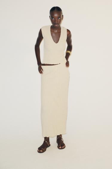 JUPE MIDI TEXTURÉE - Jaune clair de Zara