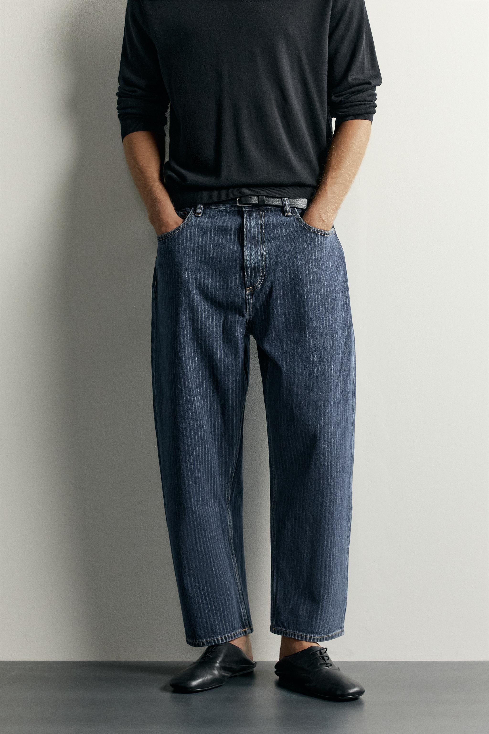 STRIPED TAPERED WIDE FIT JEANS — Blue / White