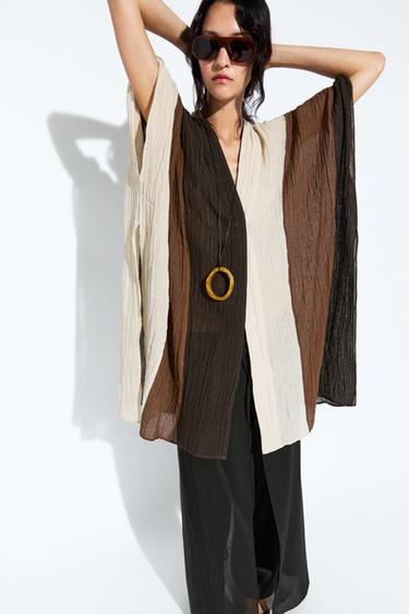 Zara Textured tricolor linen blend kaftan - Mink marl