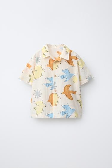 Zara 鳥類印花襯衫 - 淺米色