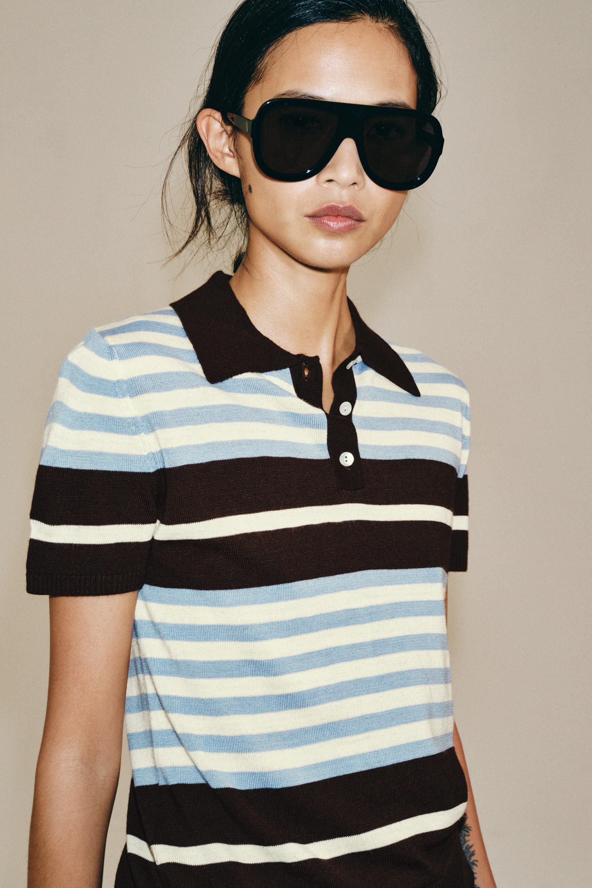 STRIPED KNIT POLO SHIRT — Brown-Blue