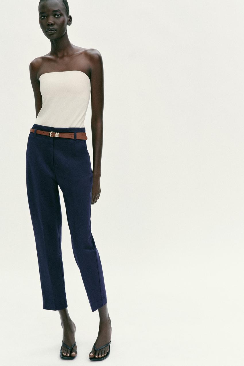 high waisted cigarette trousers zara HIGH-WAISTED BELTED PANTS - Navy blue high waisted cigarette trousers zara HIGH-WAISTED BELTED PANTS - Navy blue