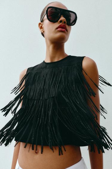Zara STUDDED FAUX SUEDE FRINGE TOP - Black