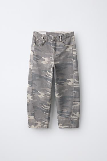 Zara PRINTED BARREL JEANS WITH STUD APPLIQUÉ - Gray / Tan