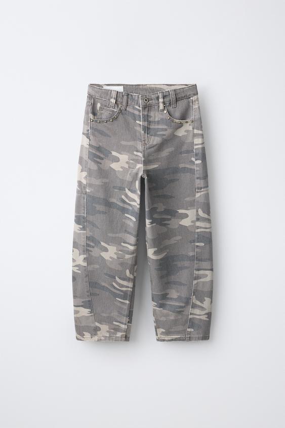 PRINTED STUDDED BARREL DENIM - Grey / Tan by Zara - Image 0