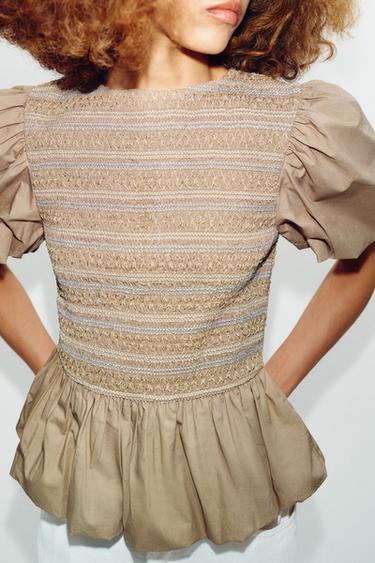 EMBROIDERED SMOCKED BALLOON TOP - Dark beige by Zara