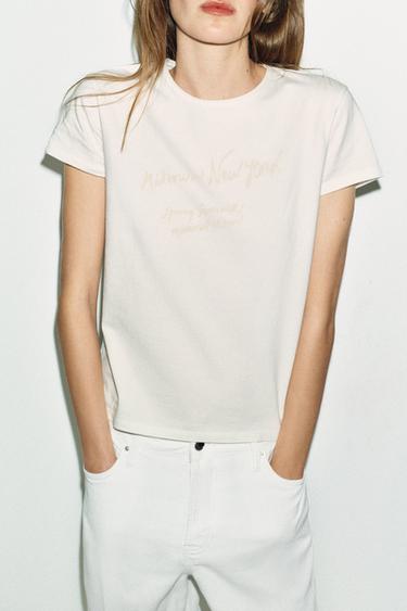 T-SHIRT INSCRIPTION MANCHES COURTES - Écru de Zara