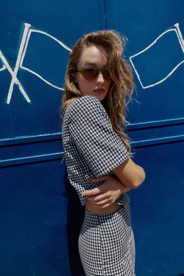 GINGHAM CHECK CAPRI TROUSERS - Navy / White by Zara - Image 3