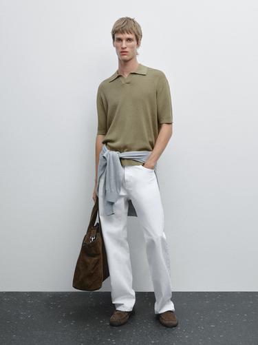 Zara Cutwork V-neck polo shirt - Khaki marl