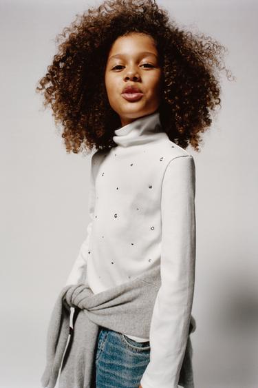RIBBED TURTLENECK T-SHIRT WITH RHINESTONES - White by Zara - Image 0