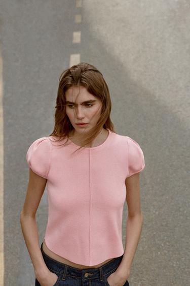 Zara PUFF SHORT SLEEVE KNIT TOP - Pink