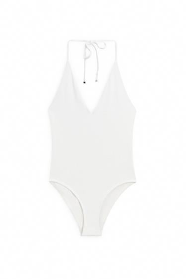 Textured V-neck swimsuit — Oyster-white 1