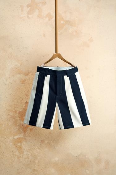 Zara PLEATED STRIPED SHORTS - Navy / White