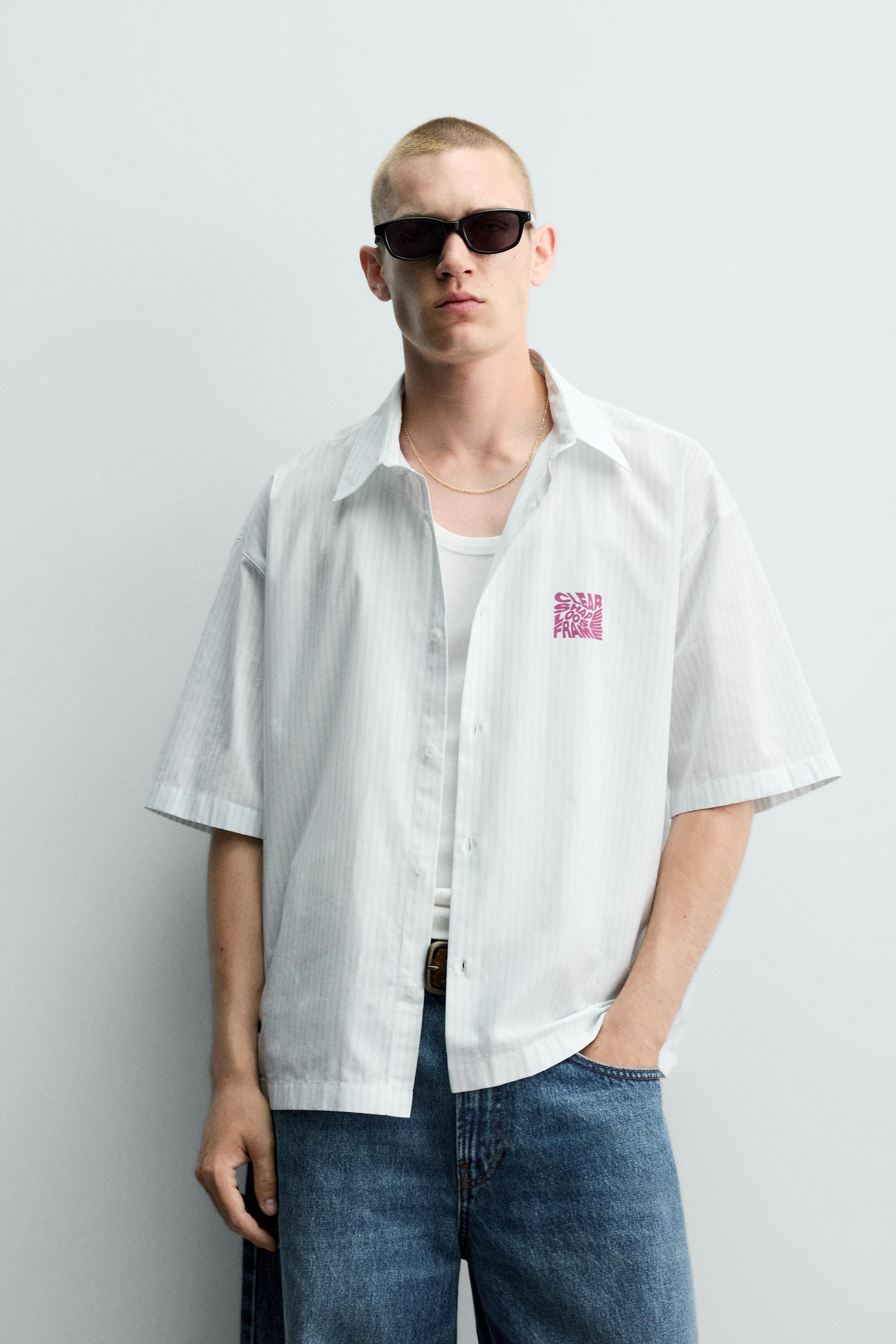 BOXY FIT TEXT PRINT SHIRT — White / Gray