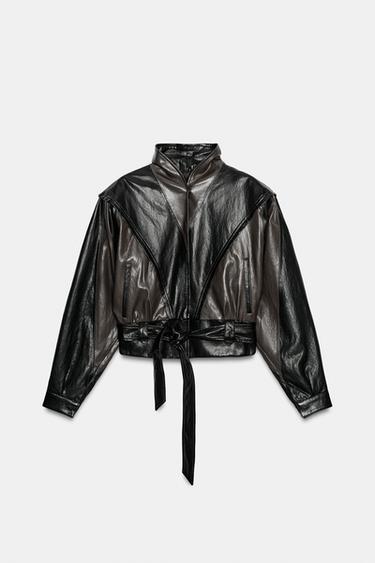 CAZADORA EFECTO PIEL CINTURÓN - Negro / Marrón de Zara - Imagen 0