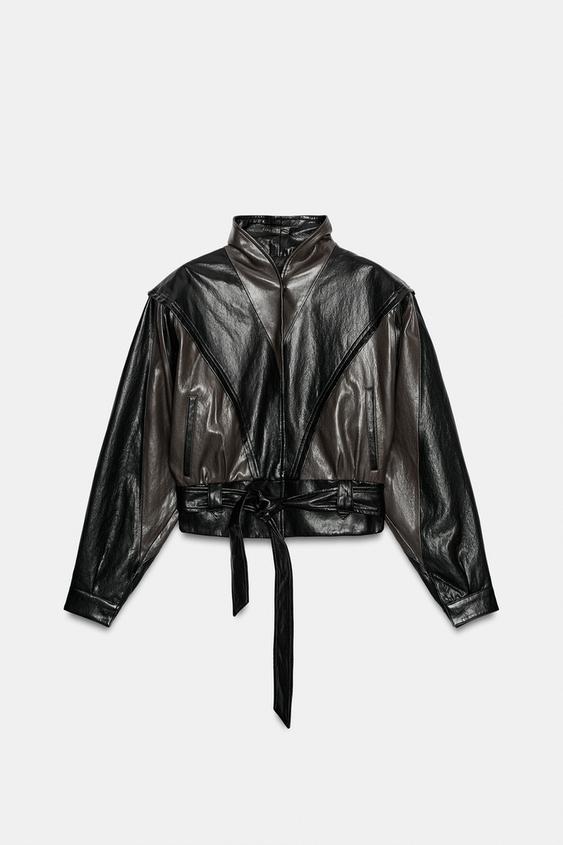 LEATHER EFFECT BELTED JACKET - Black / Brown by Zara - Image 0
