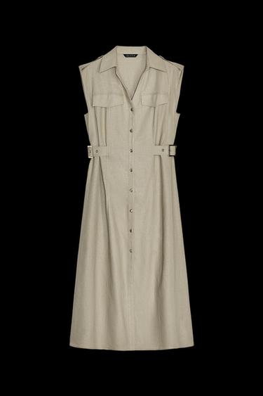 MIDI-KLEID MIT LEINEN - Helles Khaki von Zara