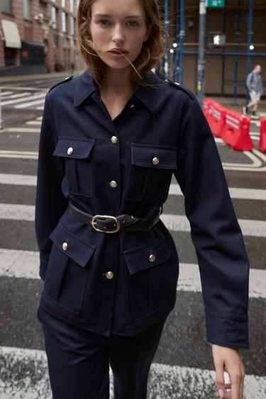 Zara BELTED PATCH POCKET JACKET - Navy blue